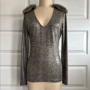 Women's Gray Snake Print Top with Faux Fur Trim